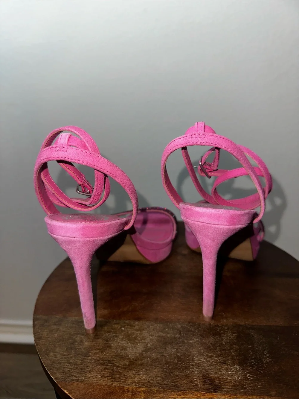 Vine Camuto Pink Strappy High Heel Sandals with Glitter Accent